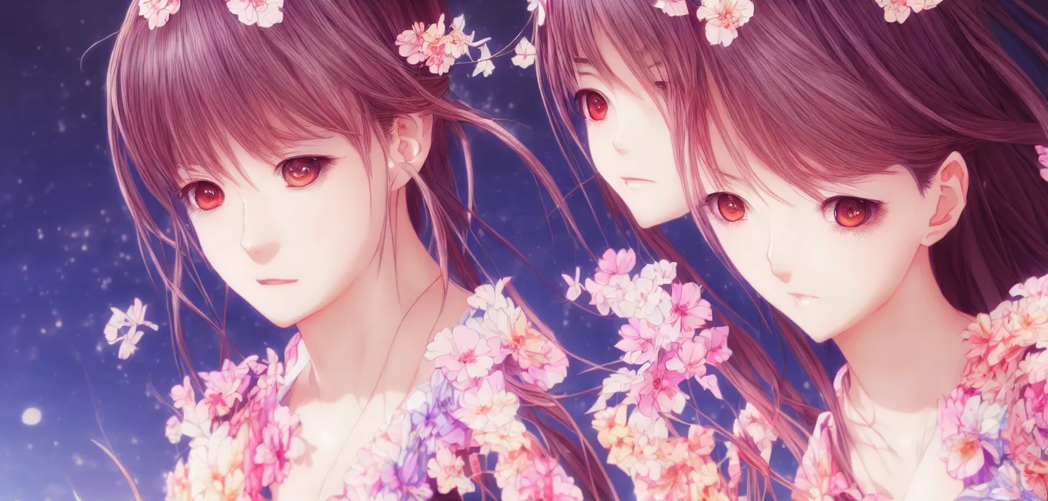 Image similar to portrait three beautiful anime girls wear coctail kimono closeup | | sunny night, full moon, dreamlike art, realistic shaded, smile, good looking, hyper details, 4 k realistic, cryengine, realistic shaded lighting poster by artgerm, ross tran, fuji choko, 8 k resolution, trending on artstation, luxury