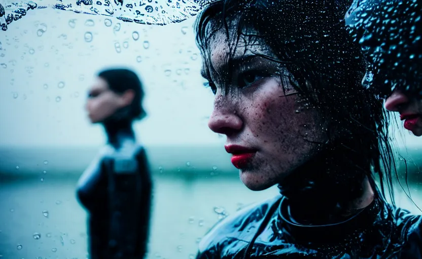 Image similar to cinestill 5 0 d candid action photographic portrait by quentin tarantino of two loving female androids wearing rugged black mesh techwear in treacherous waters, extreme closeup, modern cyberpunk retrofuturism moody emotional cinematic, pouring iridescent rain, 8 k, hd, high resolution, 3 5 mm, f / 3 2, motion blur, ultra realistic faces, ex machina