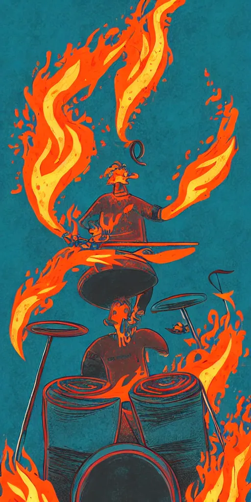 Image similar to Beautiful illustration depicted a heavy metal drummer playing on drums::lava and fire around::art by Petros Afshar and Robert Kirkman