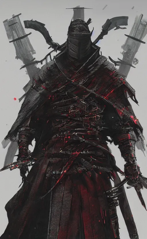 Image similar to a portrait of cyberpunk samurai with double sword, bloodborne concept art, 4 k