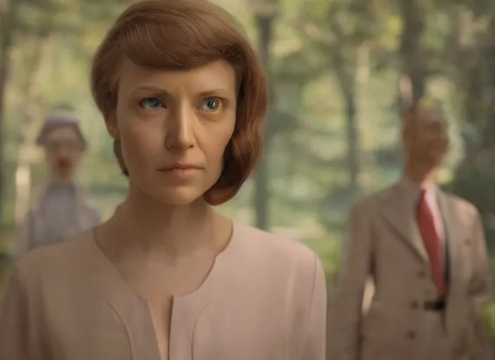 Image similar to cinematic mid shot of a high detail, refined woman's face looking off camera. fine facial features. she stands in an empty, pastel colourful 3 d, forrest scene, by jeffrey smart and gregory crewdson and edward hopper, inspired by the grand budapest hotel