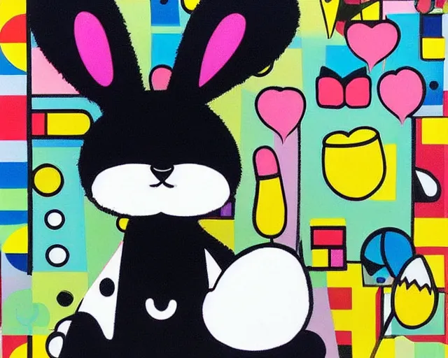 Image similar to a very cute black bunny, black fur with white puffs, fine art by romero britto