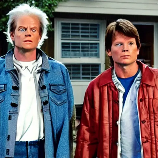 Image similar to Doc and Marty McFly standing in front of their delorian car, in the style of Futurama