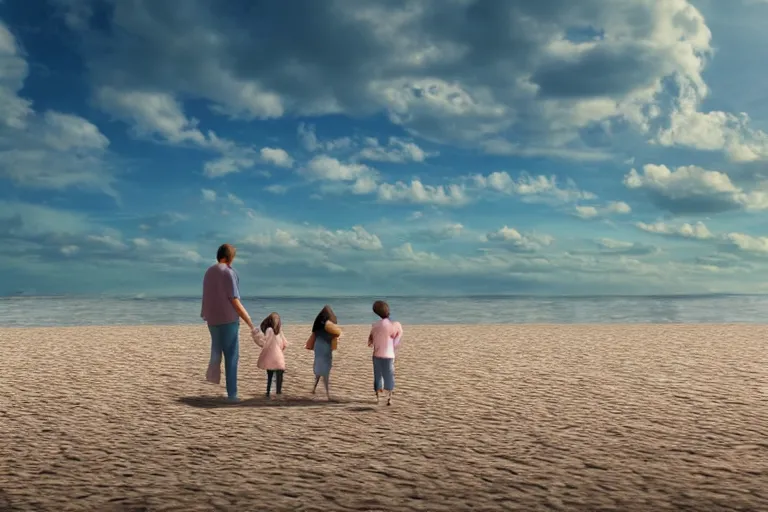 Prompt: a photorealistic photograph of a family on the beach, holding hands, far - view, art, cinematic composition, octane render, high detail, 8 k, artstation trending, jcpenney portraits, wide shot, outdoors, wide - angle lens, soft focus, very coherent