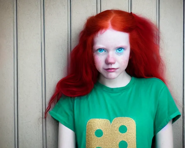 Image similar to A young lady with a round face, very long bright red hair, big green eyes, barefoot, wearing a teal t-shirt and gold overalls, award winning photograph