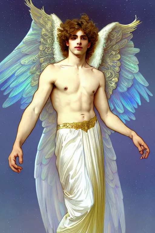 Prompt: fullbody portrait of a beautiful young fit male angel with curly blond hairs, soft smile, closed eyes, blessing palm, dressed in long fluent skirt, majestic symmetrical eagle wings, luminous halo, by greg rutkowski and alphonse mucha, gradient white to gold, in front of an iridescent background, highly detailed portrait, digital painting, smooth, sharp focus illustration