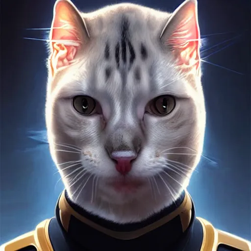 Image similar to UHD Photorealistic Feline-human hybrid Starfleet Officer with cybernetic implants, hyperrealistic, correct details, cosmic dynamic lighting, symmetrical face, accurate face, by Greg Rutkowski