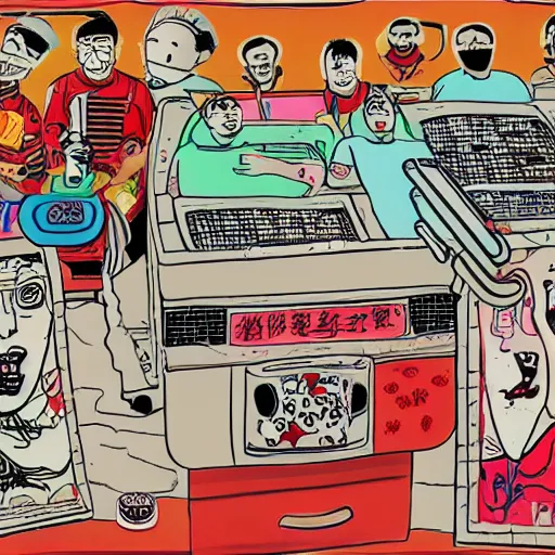 Image similar to chinese surgery operating table, in the style of daniel johnston and outsider art, 8k, line brush, overlaid with chinese adverts