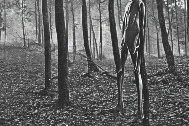 Image similar to 1975 photo of slenderman in the forest, night, detailed