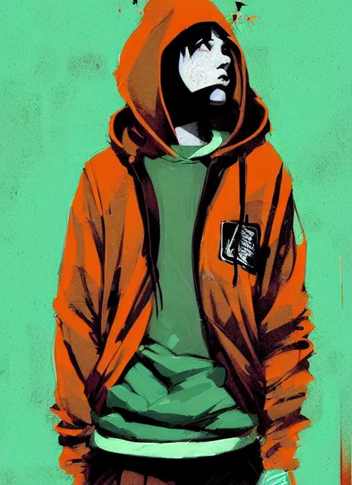 Image similar to highly detailed portrait of a sewer style seattle student, tartan hoody, by atey ghailan, by greg rutkowski, by greg tocchini, by james gilleard, by joe fenton, by kaethe butcher, gradient green, brown, blonde crea, orange, brown and white color scheme, grunge aesthetic!!! ( ( graffiti tag wall background ) )