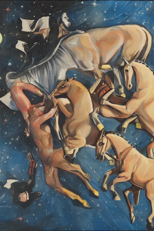 Prompt: a painting of horse wrestles or laying astronaut pilot spaceman on all fours on hands and knees in grappling in closed guard on mount position