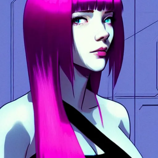 Image similar to « highly detailed, scarlet johnson, ghost in the shell, pink hair, pretty, blue eyes »