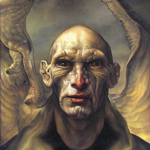 Prompt: a demonic eagle-eyed devil Jan Van eyck lucian freud odd nerdrum dragan bibin john steuart curry