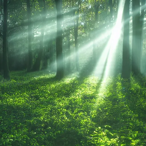 Prompt: eerie mushroom forest with sun rays peeking through the trees