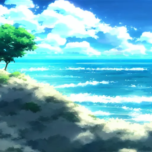 Prompt: a peaceful sea with comfortable clouds ， makoto shinkai style