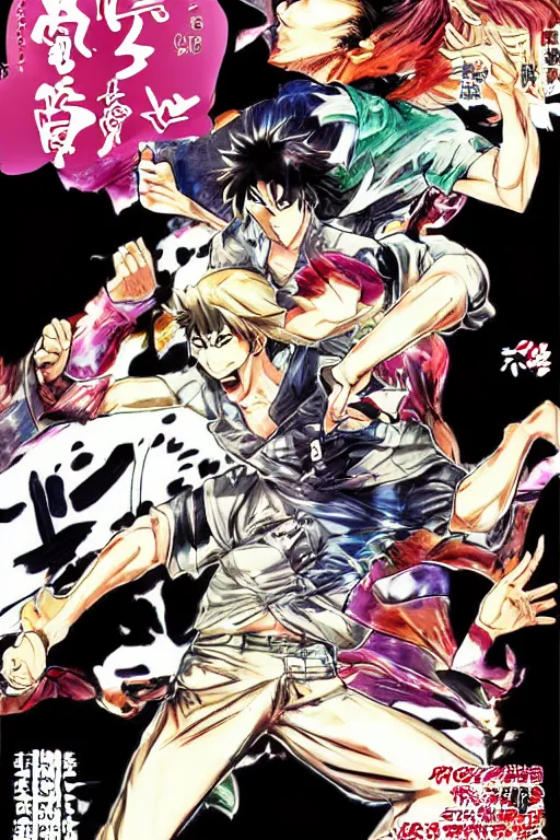 Prompt: manga cover of two characters fighting as a shounen jump cover, art by hirohiko araki, japanese comic book, art by keisuke itagaki, modern fashion outfit, dynamic poses, action poses, muscular characters