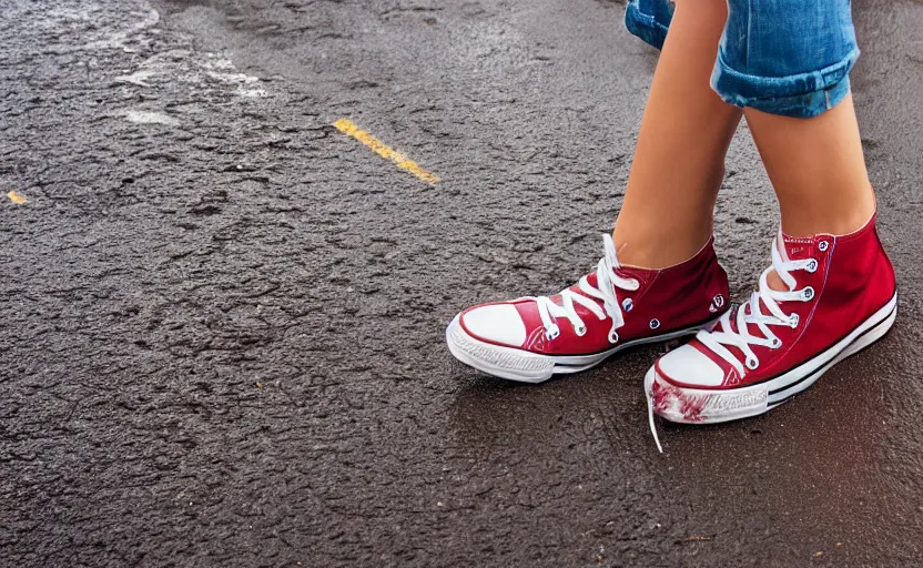 Prompt: side view of the legs of a woman sitting on a curb, very short pants, wearing red converse shoes, wet aslphalt road after rain, blurry background, sigma 8 5 mm