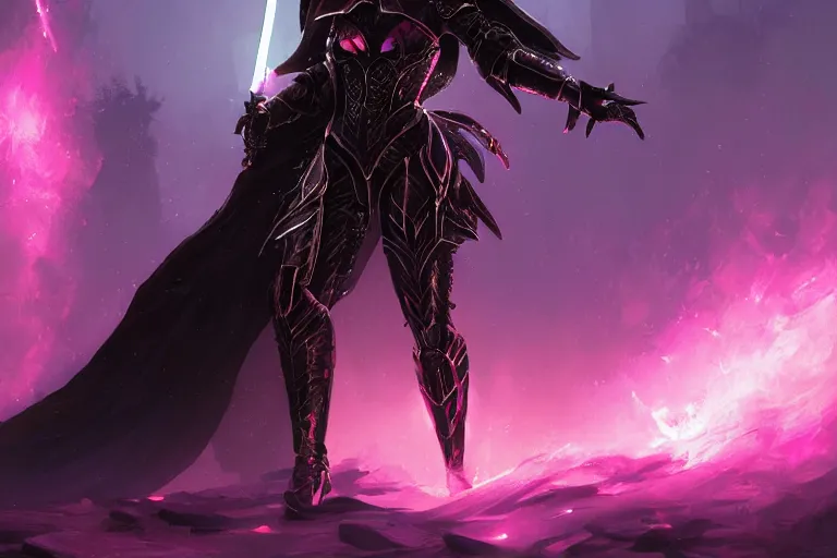 Image similar to masterpiece digital painting of a woman evil knight, full heavy black obsidian armor, chaotic ruby inlays, cape, by kev walker and greg rutkowski, atmospheric fog effects background, purple sparkles, artstation, deviantart, full body view, cinematic lights