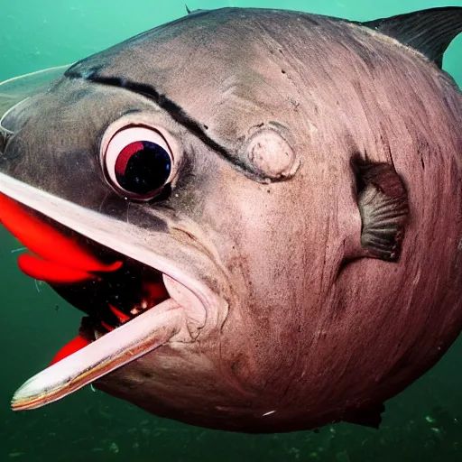 Prompt: a giant anglerfish with a black eye sideways