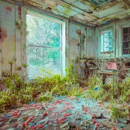 Image similar to abandoned cottage interior filled with iridescent jellyfish swarming lush coral