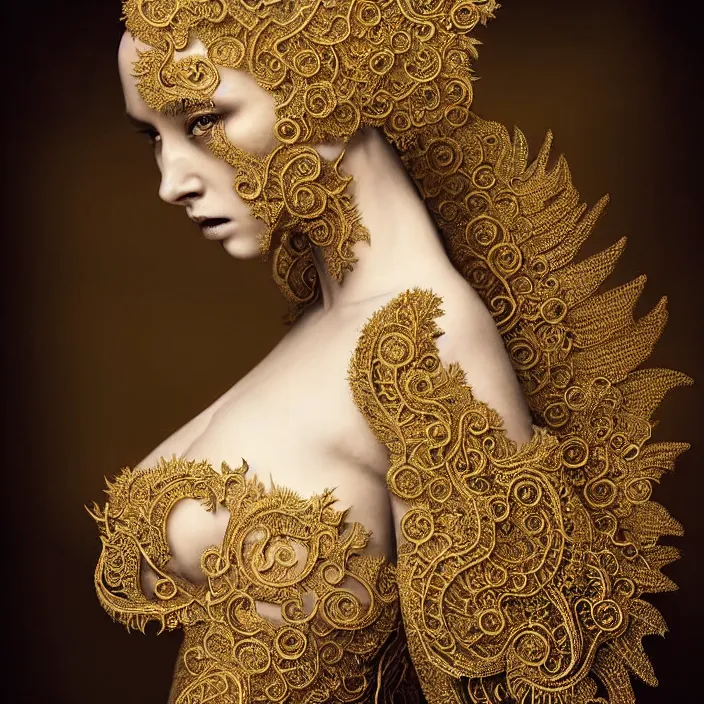 Image similar to photo portrait of a beautiful woman like a queen-dark -angel, dressed in long elegant intricate ornamental gold dress, intricate fractal ornament in the ,upper side of breast, bust with a very long neck , elegant, highly detailed intricate baroque ornament in her blond long hair, Realistic, Refined, Highly Detailed, Cinematic outdoor Lighting, fine art photography by Flora Borsi, volumetric lighting, natural colors scheme , hyper realistic photography