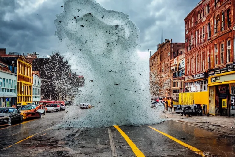 Image similar to destructive water tornado in the city, photorealistic, highly detailed, sharp focus, vivid, colorful, symmetrical, zoom, random, convoluted, mind - blowing, creative, fully functional, end of the world, taken from camera