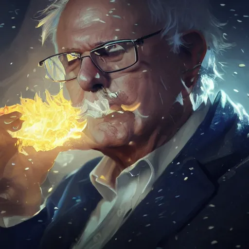 Image similar to portrait of bernie sanders burning money, league of legends amazing splashscreen artwork, splash art, natural light, elegant, photorealistic facial features, intricate, fantasy, detailed face, atmospheric lighting, anamorphic lens flare, cinematic lighting, league of legends splash art, hd wallpaper, ultra high details by greg rutkowski