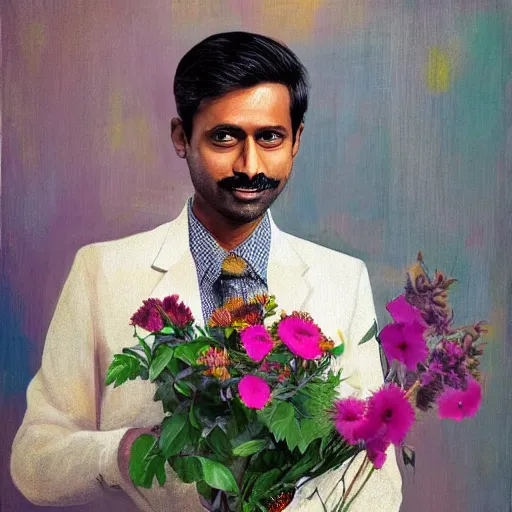 Prompt: indian guy standing and holding flowers, looking nostalgic, in love, dapper,full portrait, artwork by Cheng, Hsiao-Ron and Wes Anderson