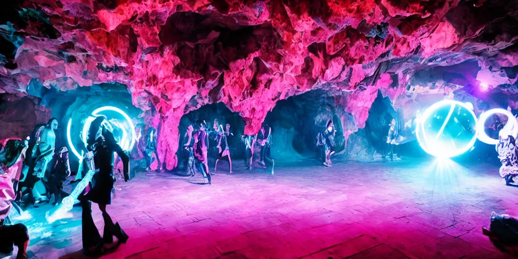 Prompt: cinematic shot of a goth disco nightclub in a cave, (((sphere made of knives))) pink lasers and blue crystals, goth people dancing, 8k photograph