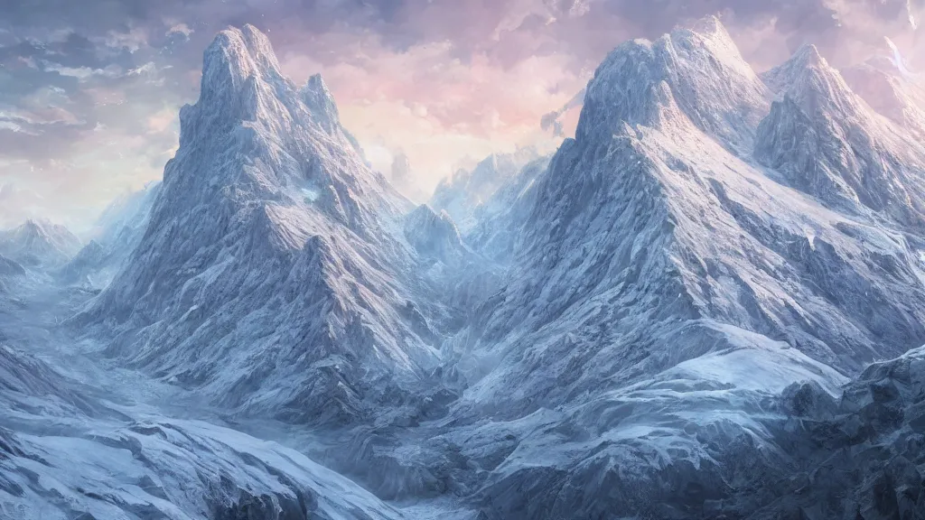 Prompt: a beautiful hyper realistic detailed matte painting of a coldly mountain covered with snow traversed by a crack of incandescent magma, dramatic lighting, dynamic lighting, cinematic lighting, lit by morning light, by makoto makoto, krenz cushart and artgerm, anime, featured on artstation, ultrawide angle