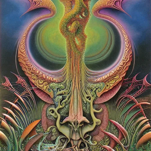 Prompt: divine chaos engine by roger dean and daniel merriam, symbolist, visionary, art forms of nature by ernst haeckel