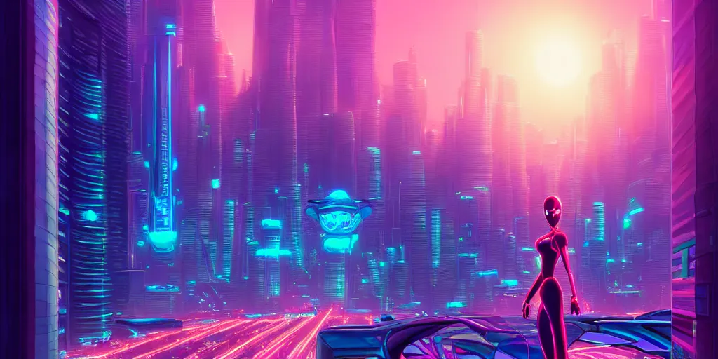 Image similar to hyper detailed ultra sharp of a beautiful woman robot boss, futuristic city with neon lights in the background, sky sended by god. behance hd by jesper ejsing, by rhads, makoto shinkai and lois van baarle, ilya kuvshinov, rossdraws radiating a glowing aura global illumination ray tracing hdr, 8 k