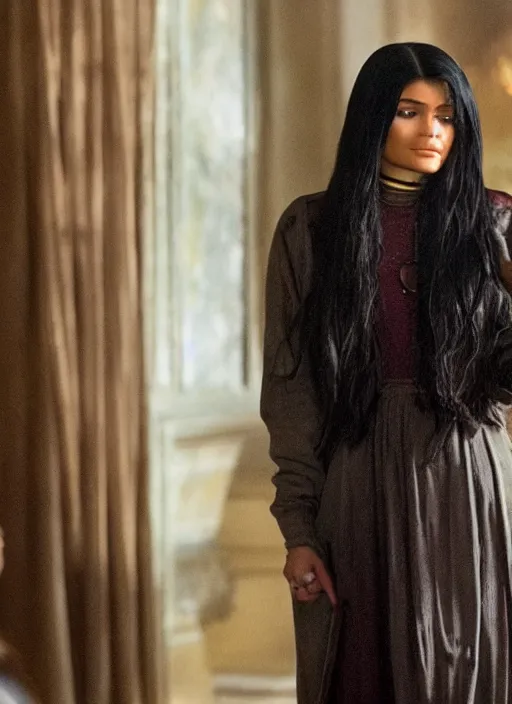 Image similar to film still of kylie Jenner as hermone granger in Harry Potter.