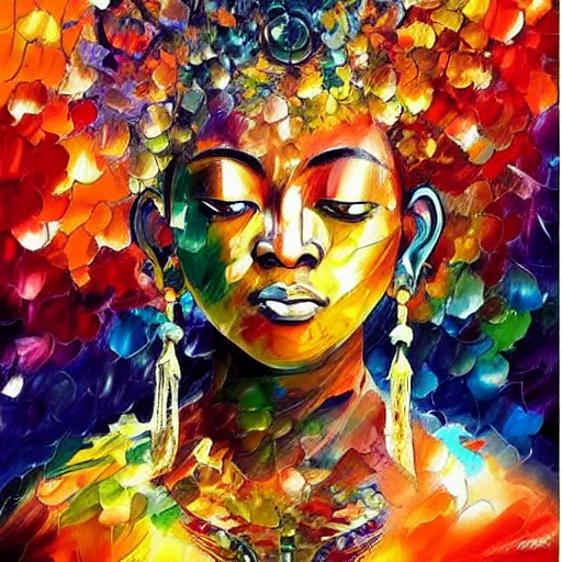 Image similar to strikingly beautiful african bodhisattva, praying meditating, realism, elegant, intricate, portrait photograph!! by leonid afremov and carne griffiths