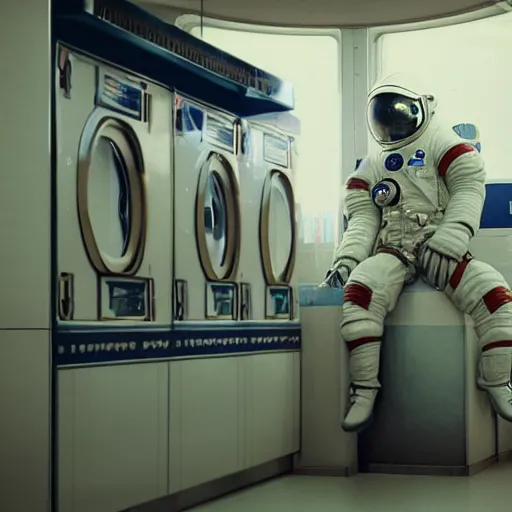 Image similar to a beautiful photo of an astronaut waiting in a laundromat, 1970', soft light, morning light, photorealistic, realistic, octane, 8k, cinematic shot