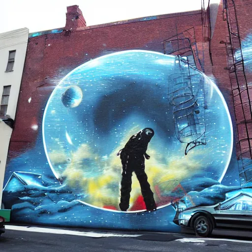 Image similar to a galactic spray painted mural in new york painted by artist outer source