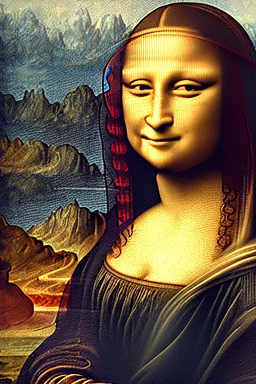 Prompt: mona lisa is taking the subway. by leonardo di ser piero da vinc ， - n 9