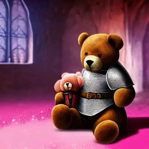 Prompt: a medieval fantasy knight holding a teddy bear inside a pink bedroom, matte oil painting, d & d, sharp focus, award - winning, extremely detailed, 4 k, 8 k