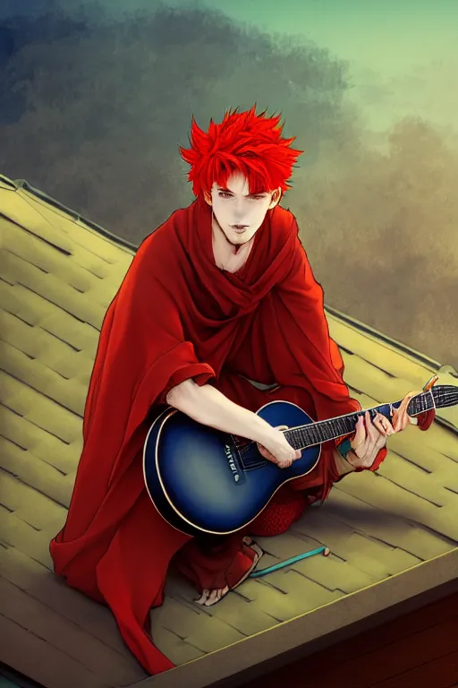 Prompt: dreamy red haired man character with a guitar in his hand, sitting on a roof top in a nice green cloak, very artistic pose, background in blurred, perfect lighting. professional design. great composition, illustration, highly detailed, digital painting, concept art, trending on artstation, by katsuya terada