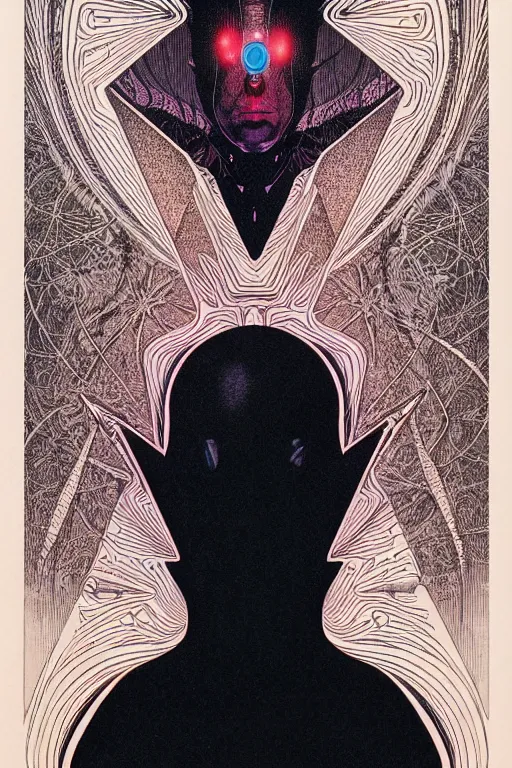 Image similar to portrait of black and psychedelic grainshading print by moebius, richard corben, wayne barlowe, cyberpunk comic cover art, psychedelic triangular skeleton, very intricate, thick outline, full body, symmetrical face, long black crown, in a shapes background, galactic dark colors