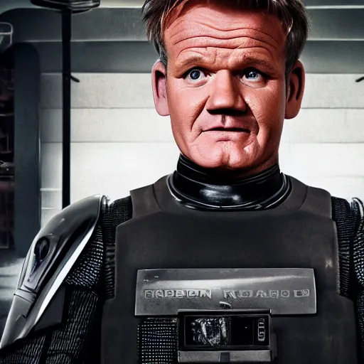 Image similar to gordon ramsey starring as robocop movie, movie still, 8 k