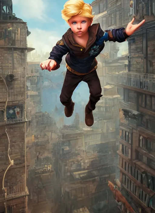 Image similar to An epic fantasy comic book style portrait painting of a young blonde boy thief flying out of a steampunk city, unreal 5, DAZ, hyperrealistic, octane render, cosplay, RPG portrait, dynamic lighting