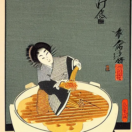 Prompt: Japanese woodblock print of a mazer pouring honey into a barrel