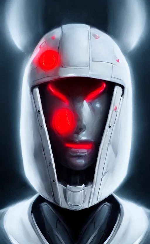 Image similar to face portrait of a robot in an all white hood and robe, with red glowing eyes, dynamic lighting, fantasy concept art, trending on art station, stunning visuals, creative, cinematic, ultra detailed