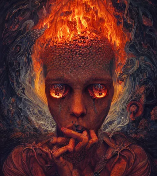 Prompt: portrait, nightmare anomalies, fire by dariusz zawadzki, kenneth blom, mental alchemy, james jean, pablo amaringo, naudline pierre, contemporary art, hyper detailed