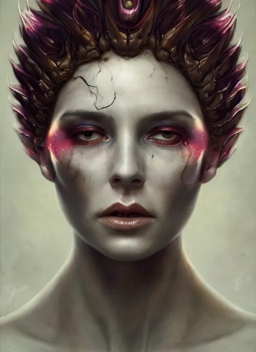 Image similar to a detailed facial portrait of the queen of blades, a beautiful face, mutation, by tom bagshaw, by dorian cleavenger, zdzisław beksinski, bastien lecouffe - deharme trending on artstation