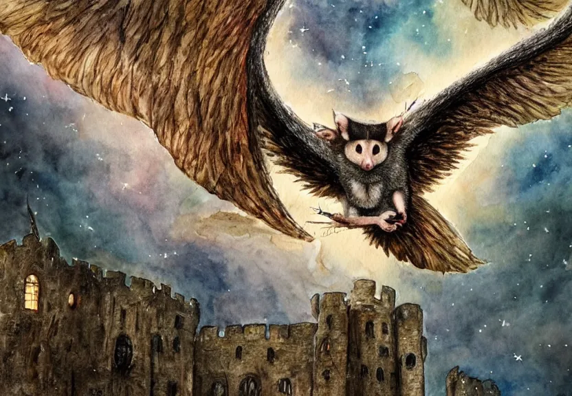 Image similar to epic winged possum flying over a medieval castle under a dark starred sky, dark fantasy, watercolor, dreaming illusion, highly detailed, 4k, trending on Artstation, award-winning