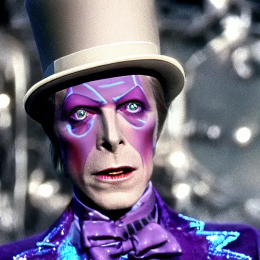 Image similar to stunning awe inspiring david bowie playing willy wonka, movie still 8 k hdr atmospheric lighting