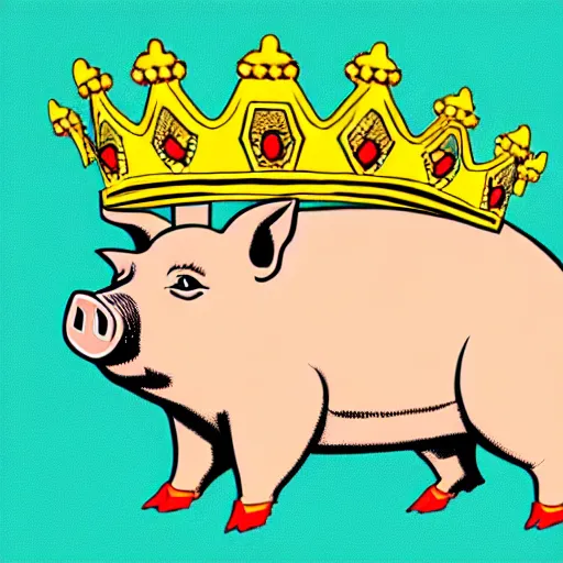 Prompt: standing pig wearing a gold crown on it's head illustration concept art in the style of Arthur Adams, full body 8k