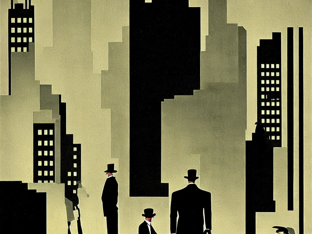 Image similar to two suspicious men in a parked a car in front of a very tall building, desert street, late at night, dimly lit, gangster, film noir, upscale 1920, relaxed poose, art deco, artwork by coles phillips, post processing, intricate, grim yet sparkling atmosphere, beautifully detailed render, post-processing, extremely hyperdetailed, 8k octane beautifully detailed render, intricate, epic composition,cinematic lighting, art nouveau